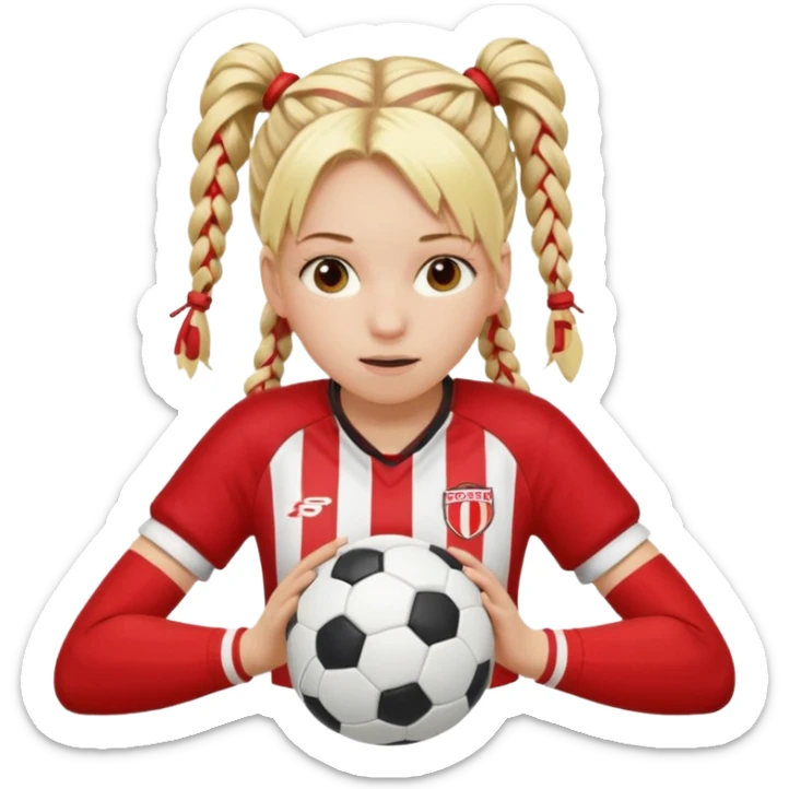 Chica de pelo rubio tirada en el suelo boca abajo agarrando un balón con las manos vestida con una equipación de color rojo y blanco con líneas y con unas botas de tacos de fútbol, con un bucal en la boca y el pelo con trenzas sticker