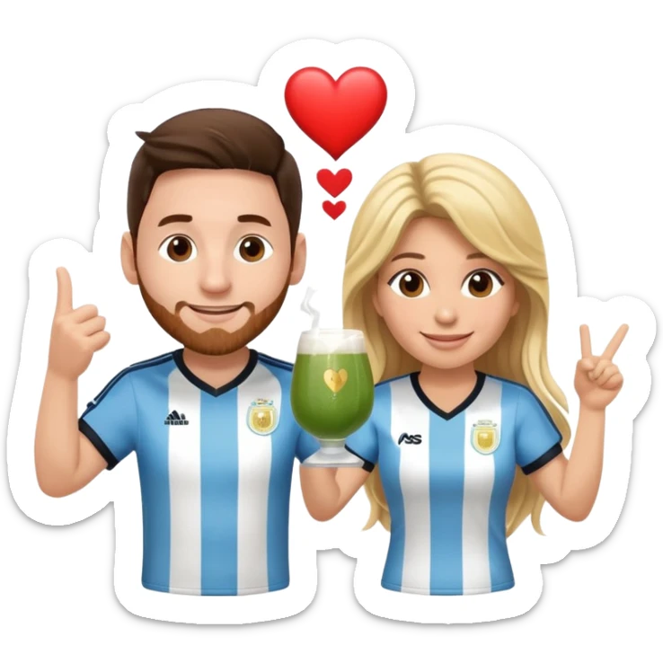 Messi in Argentina jersey and Shakira in a stage outfit, toasting with yerba mate, both smiling, cute and fun emoji style, with hearts around them sticker