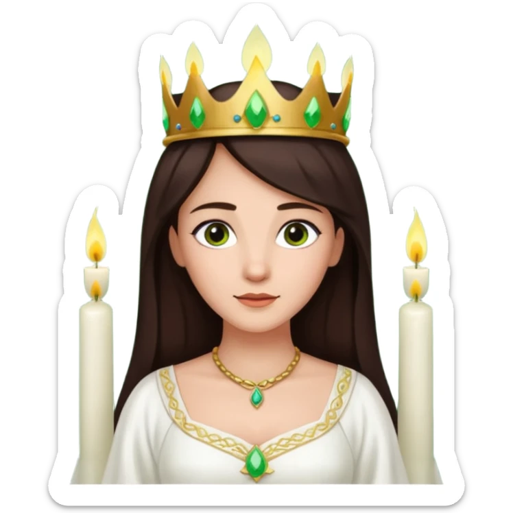  saint lucia with dark brown hair with a white gown and a green crown with candles on the crown sticker
