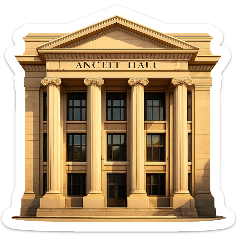 cinematic, realistic emoji of Angell Hall at the University of Michigan in Ann Arbor, straight-on perspective, featuring its iconic neoclassical architecture with columns, lifelike detail, bright regal lighting as on a sunny day, accurate building colors, transparent background sticker
