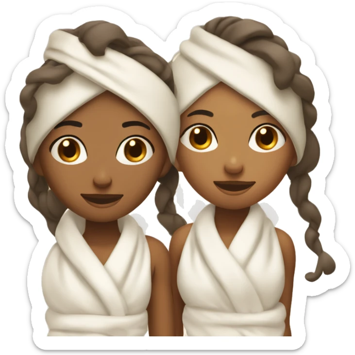 two girls with their eyes closed with towels on their heads and face cream on one white and one tan sticker