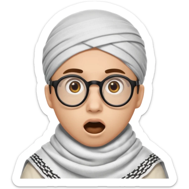 A person with light skin tone, wearing a traditional white keffiyeh with a black agal, large brown eyes, round glasses, and an open mouth showing a surprised or shocked expression. sticker