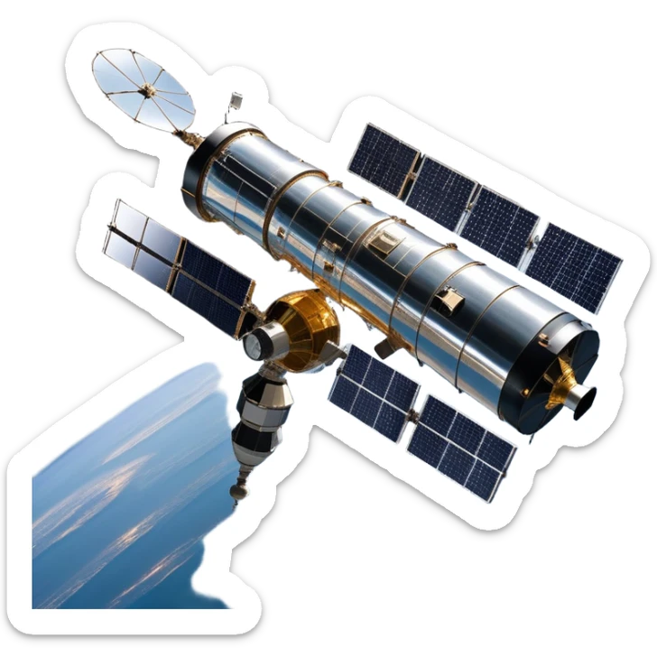 cinematic-realistic-hubble-space-telescope-emoji, an awe-inspiring, ultra-detailed depiction of the Hubble Space Telescope floating in space, its large, reflective metallic surface gleaming against the backdrop of the infinite blackness. The telescope's vast solar panels extend outwards, catching the light from distant stars, while its intricate, cylindrical body showcases advanced, precise engineering. The telescope's large, hexagonal lens is pointed towards the cosmos, surrounded by mechanical components, wires, and sensors. The detailed textures of the telescope’s metallic exterior, the shiny reflective coating, and the intricate grid-like solar panels are sharply contrasted against the void of space, with distant stars and nebulae faintly visible in the background, adding to the sense of scale and technological marvel; rendered with extreme realism and attention to detail. sticker