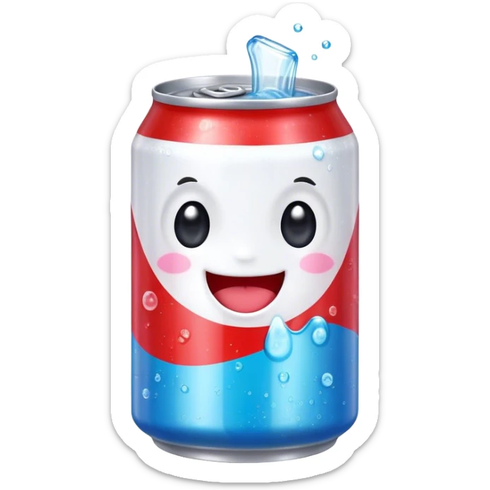 Cute Kawaii Soda Can, bubbly and vibrant, bright red and blue stripes, playful fizz popping around, a chubby happy face with wide sparkling eyes, energetic and refreshing! sticker