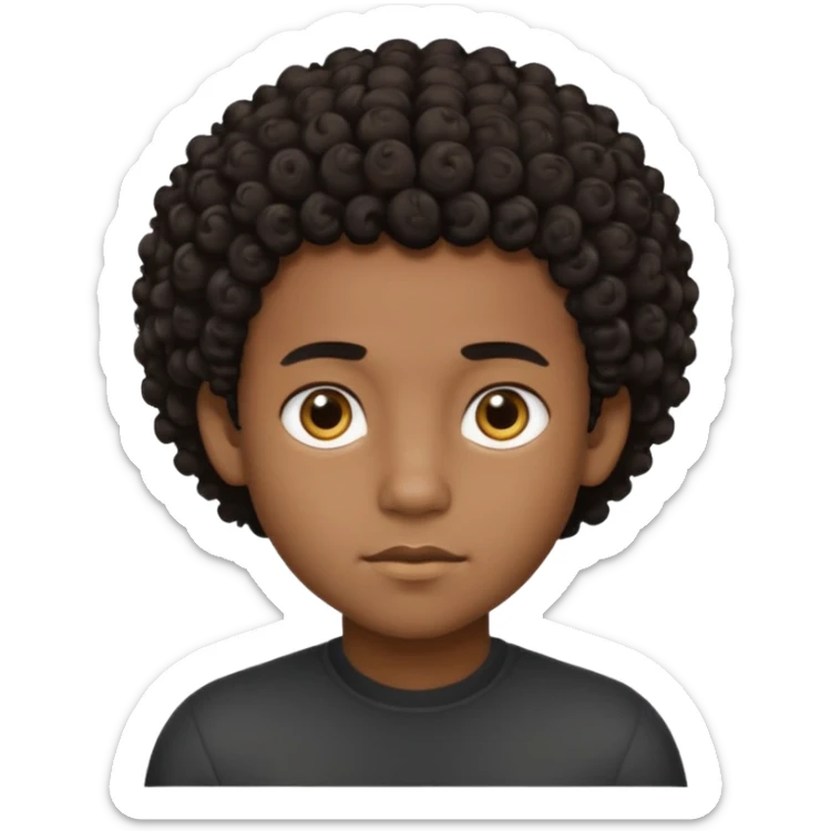 This avatar of black boy has tightly curly dark hair styled upward, a rounded face with golden-brown eyes, and a neutral expression sticker