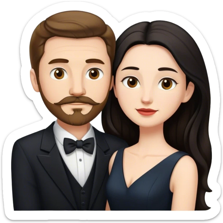 married couple portrait, tall white man with brown hair goatee mustache embracing a pale woman with long black hair, wearing formal clothing sticker