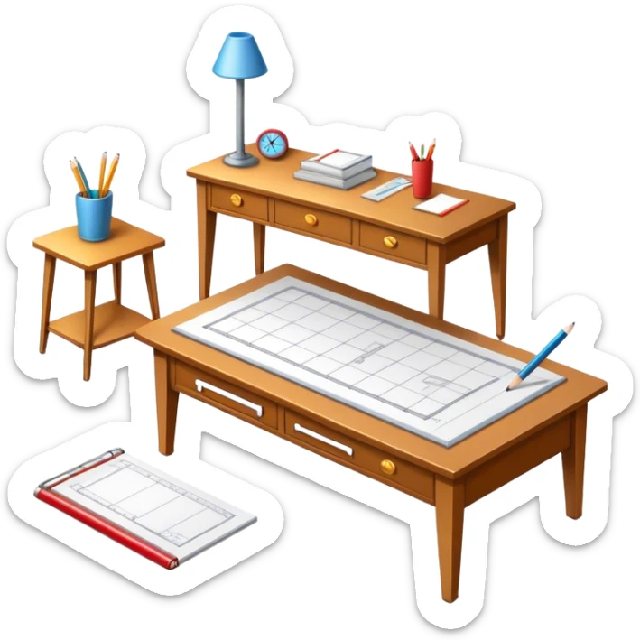 Icon for Furniture Design: a furniture drawing with 3D models of furniture pieces placed on top, accompanied by rulers and a pencil. The icon should represent the design process with focus on precision and modeling. Transparent background. sticker
