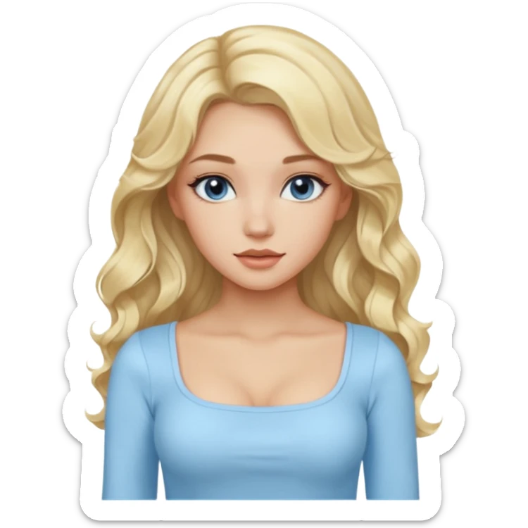 pretty girl blonde wavy long hair makeup light baby blue skin tight square neckline long sleeve top sticker