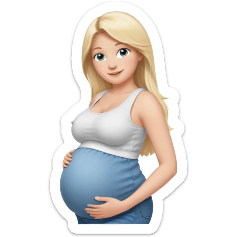 White girl, 18, long blonde hair, blue eyes, white crop top, jeans, huge pregnant belly, big boobs, side view, skinny, bare midriff, smiling sticker