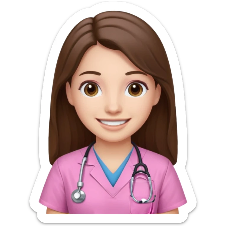 doctor, pink, she, hair brown, eyes black, scrub pink, white skin, longlong hair, smile sticker