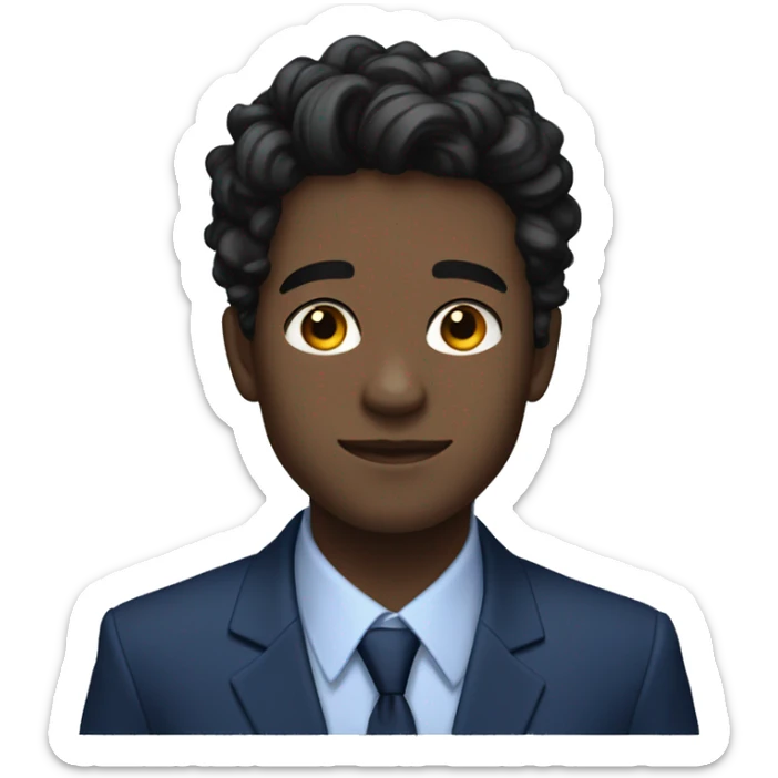 26 year old male portrait, small yes, black wavy hair, blue suits, class sticker