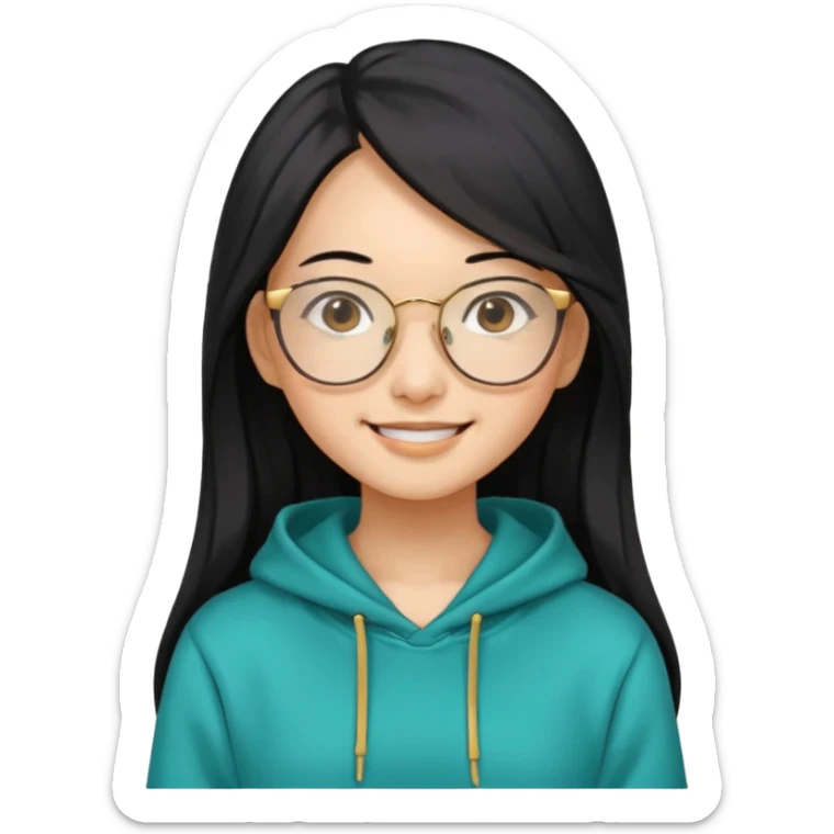generate a smiling chinese female with long black hair, golden rim glasses, and a teal hoodie sticker