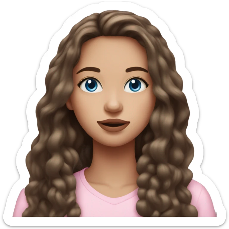 Beautiful teenage girl, long hair, brunette, blue eyes, light pink lip color sticker