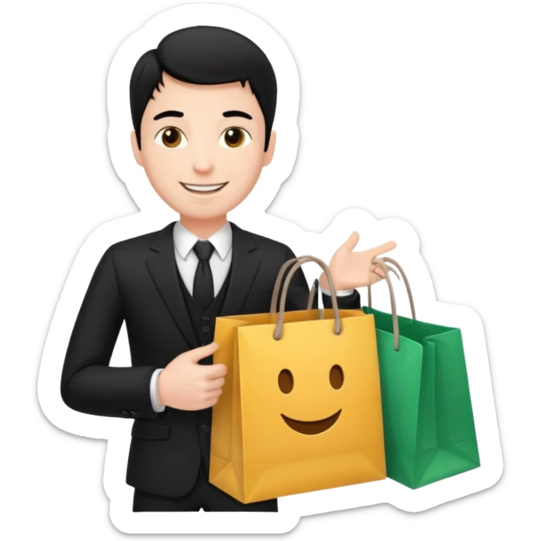 a white man black hair in a black suit with clothing shopping bag sticker