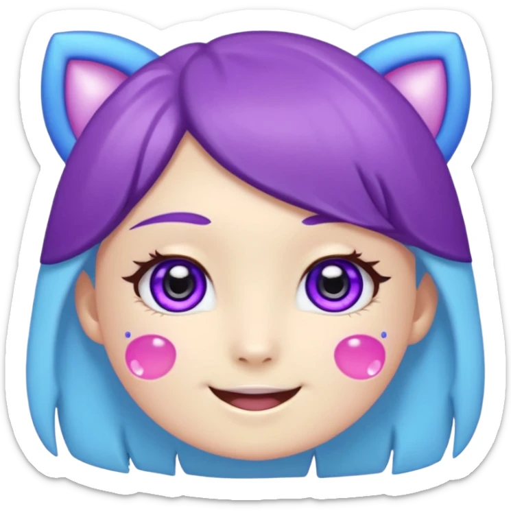 
de color azul claro brillante con manchas orgánicas en tonos morado y violeta.El rostro es expresivo y kawaii, con ojos grandes y brillantes, cejas pequeñas y una sonrisa abierta con lengua rosada. Estilo moderno, limpio y tierno, ideal como emoji, sticker o mascota digital.
 sticker