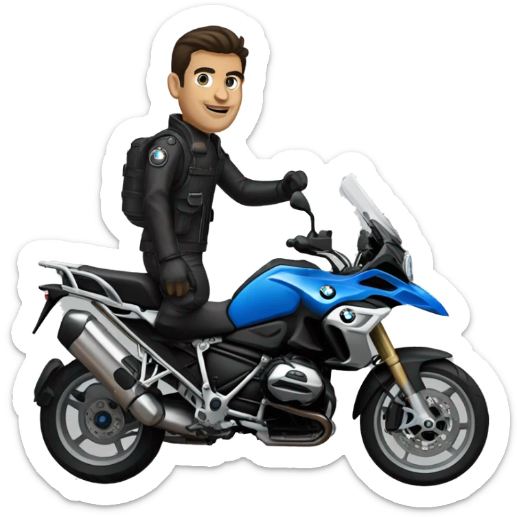 motorcycle bmw gs 1250 black male rider on bike dark hair blue eyes sticker