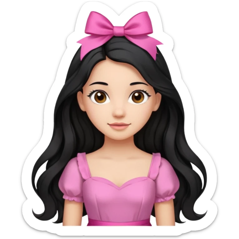 Beautiful girl with long black hair in a half-up half-down hairstyle with pink ribbon tying the top half, waves at the ends, brown eyes, light skin, slight smile, and pink dress sticker