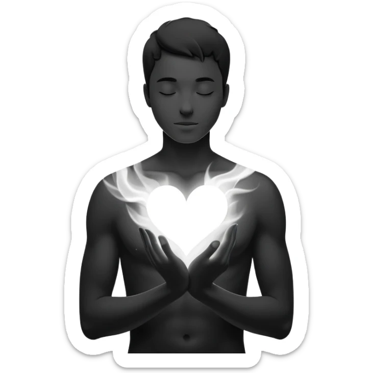 minimalist b&w male silhouette with flowing black-and-white curves across the lower body, now overlaid with a small, softly glowing spark or radiant light near the chest or head — heart symbolizing inspiration, inner fire, and creative energy awakening” sticker