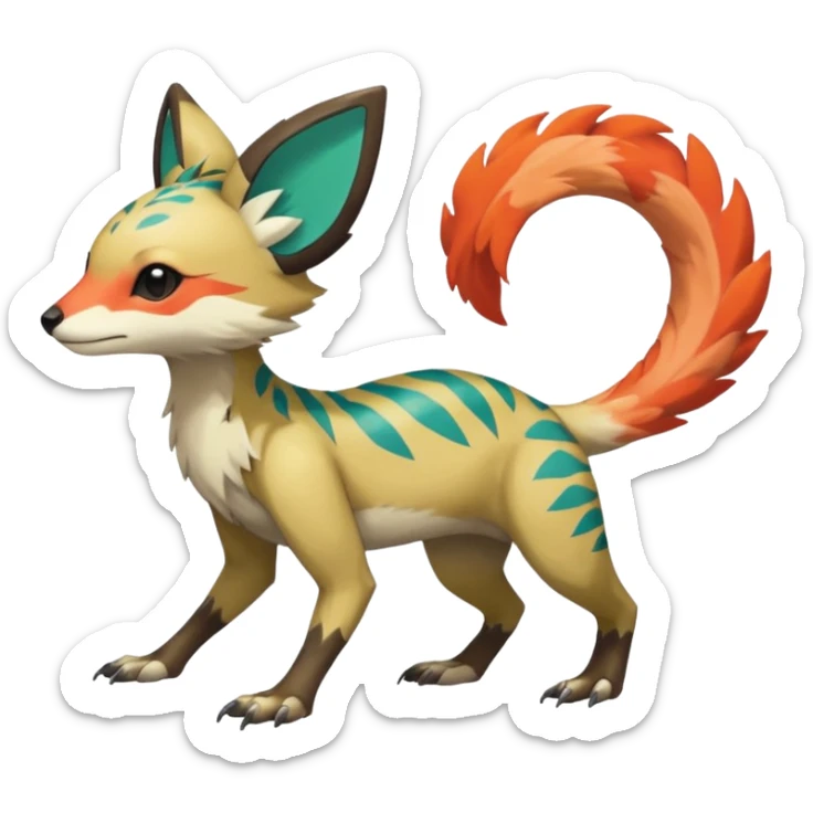  beautiful handsome gorgeous aesthetic colorful vibrant Vernid-Trico-species-Fakemon-creature by LiLaiRa, 4 legs, 1 tail, random markings, (full body) sticker