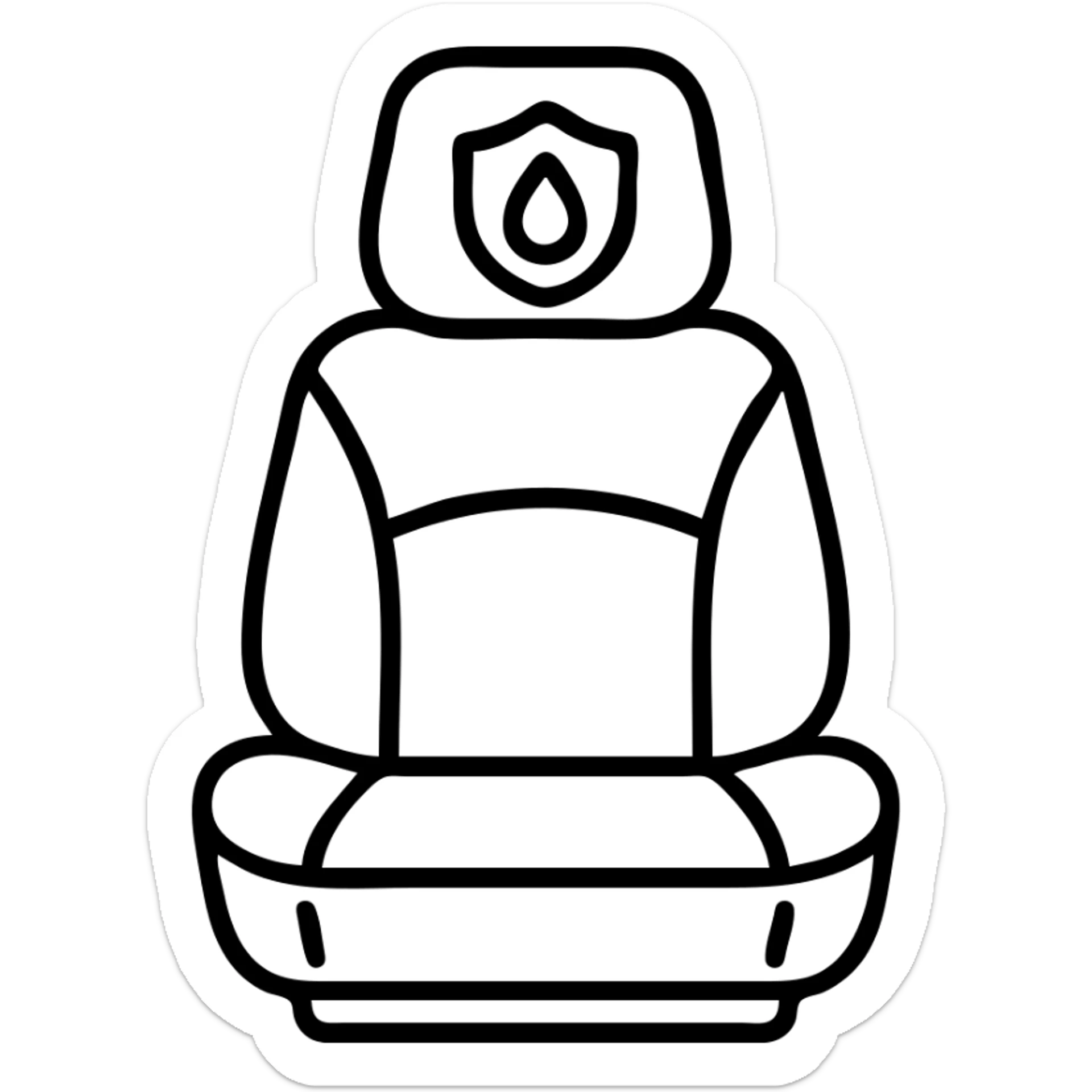 outlined icon of a luxury matte black car seat with droplet or shield on the headrest, clean lines, elegant stitching, modern and simple sticker