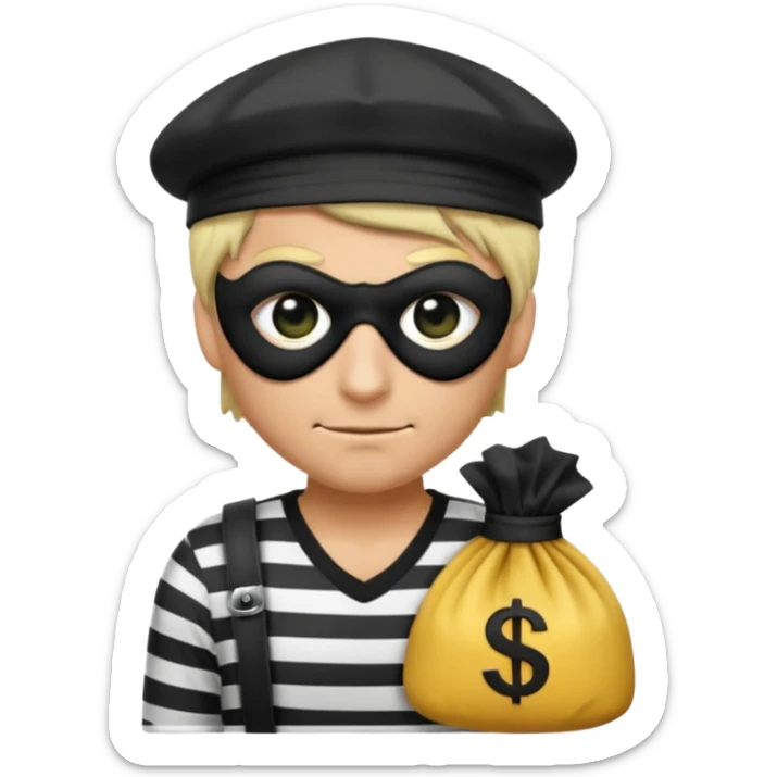 a short ios emoji-style portrait of a classic burglar, a black eye mask and a black-and-white striped shirt. emoji-like hair, black hat, a bag of money 💰 with a dollar sign in a right corner, evil expression  sticker