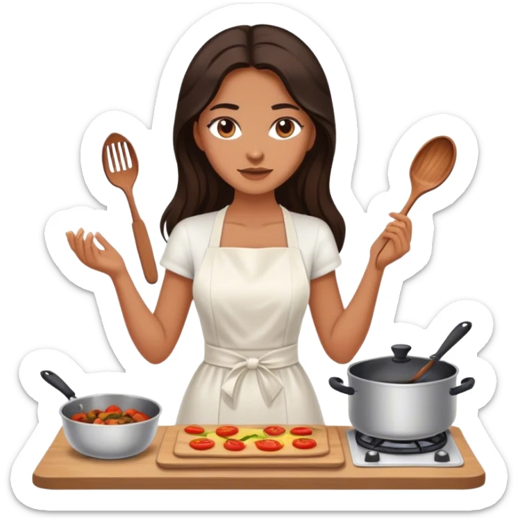 Beautiful woman in 1950’s woman fashion look, white dress, long dark brown hair, cooking sticker