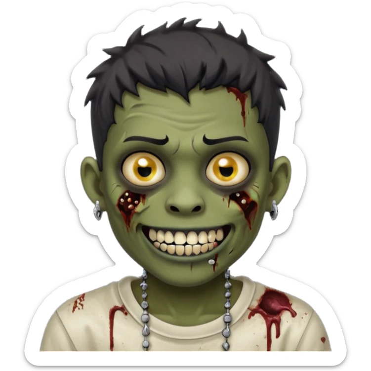 Make a boy zombie dark skin and short black 4c hair, showing a studded grillz teeth with a earing sticker
