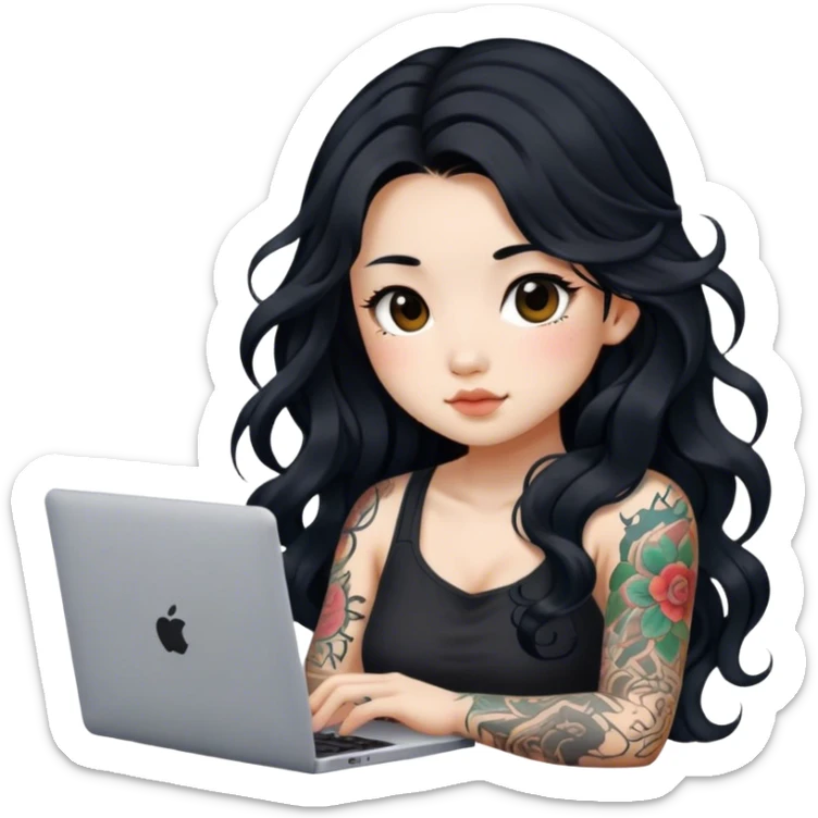 beautiful girl, with tattoos, with long black hair, wavy hair, chinese, with laptop sticker