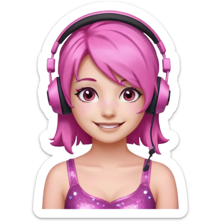 glitter pink gamer girl happy pink hair sticker
