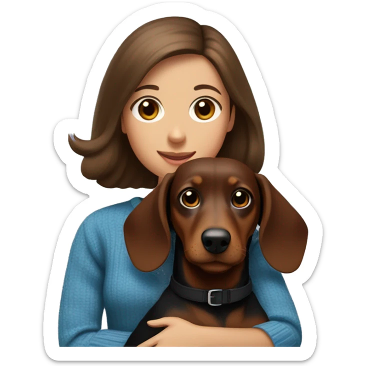 a girl with brown hair with a bob with brown eyes in a blue sweater holds a black dachshund with a brown muzzle and brown paws in her arms sticker