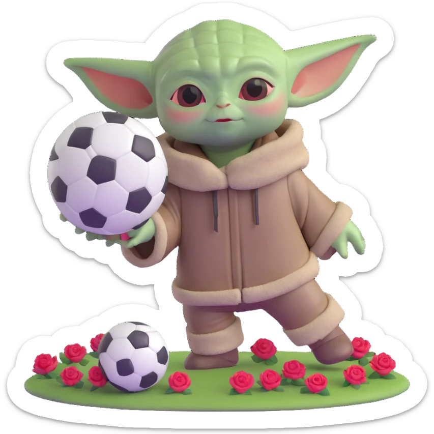 baby yoda kicking a soccer ball with small roses beside him sticker