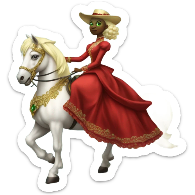 "galora green blonde alien woman" in red Victorian elegant dress, full body, rides "horse gold and white"
 sticker
