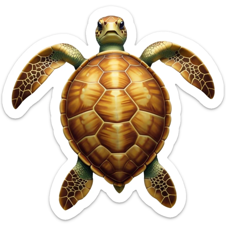 Cinematic Noble Sea Turtle Portrait Emoji, Poised and wise, with a majestic, domed shell adorned with rich, textured patterns and a smooth, ancient body gliding gracefully through the water, deep, reflective eyes exuding calm wisdom, Simplified yet sharp and sophisticated features, highly detailed, glowing with a soft, oceanic glow, high shine, intelligent and graceful, stylized with an air of timeless marine majesty, focused and serene, soft glowing outline, capturing the essence of a watchful and confident sea guardian that appears ready to glide out of the screen with effortless authority! sticker