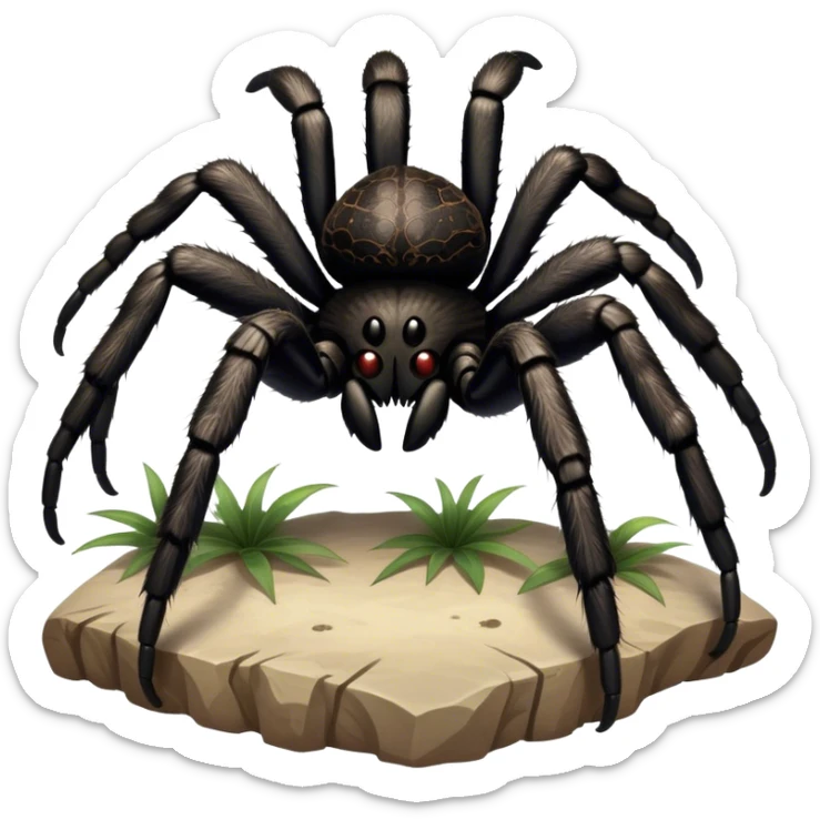 Close-up of a giant hairy black tarantula in its natural habitat, with intricate web details surrounding it. The spider's texture is highlighted, emphasizing its hairy legs and features. Soft background with natural elements like leaves or rocks. Transparent background. sticker