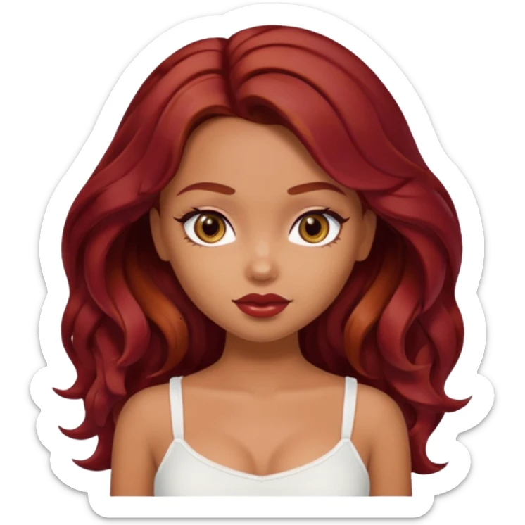 a pretty bratz tan girl with wavy dark red hair wearing a white cami top. Skintone is tan sticker