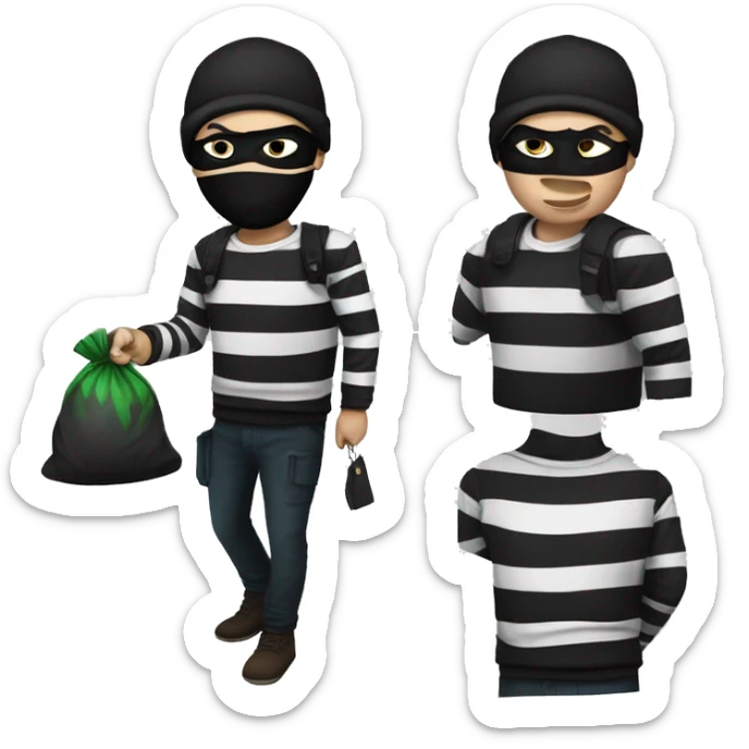 robber, black and white striped shirt, black mask, money bag, black beanie sticker
