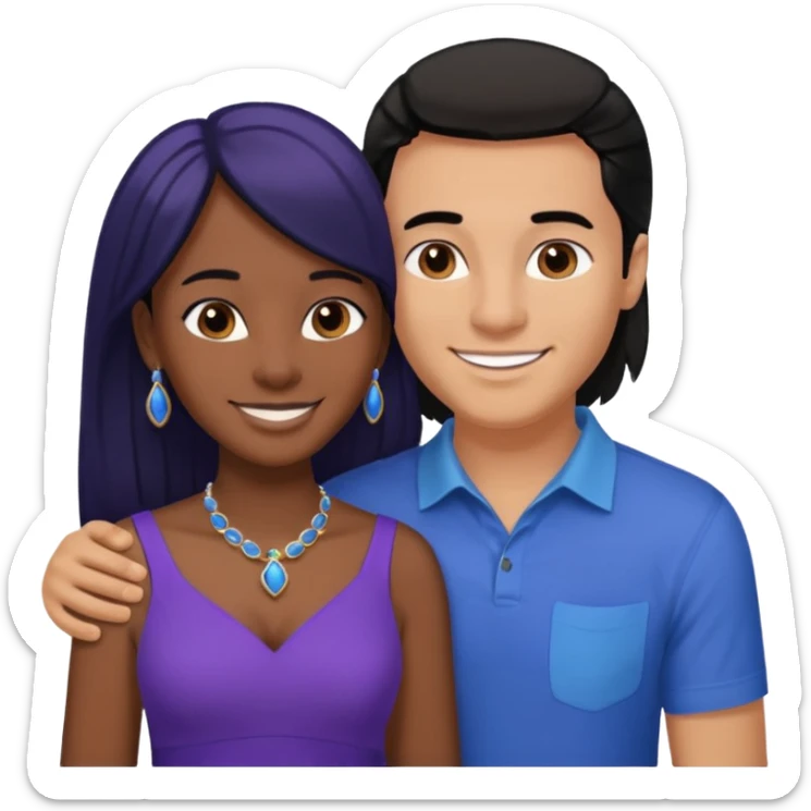 smiling embracing interracial couple. man is tan and has brown straight hair he is wearing blue. woman has very dark color skin and long black hair. she is wearing purple and has matching blue jewelry on sticker