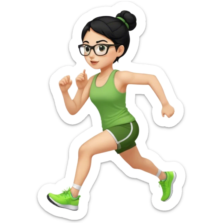 pretty girl white glasses side view black hair in a bun green tank top running sticker