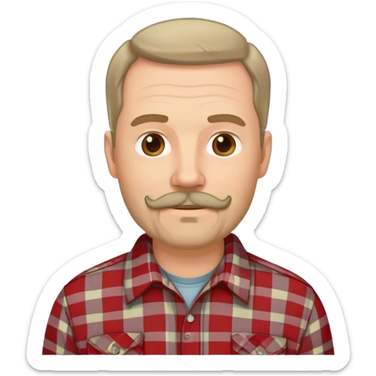 middle aged white man with dark brown van dyke facial hair, wearing a plaid shirt sticker