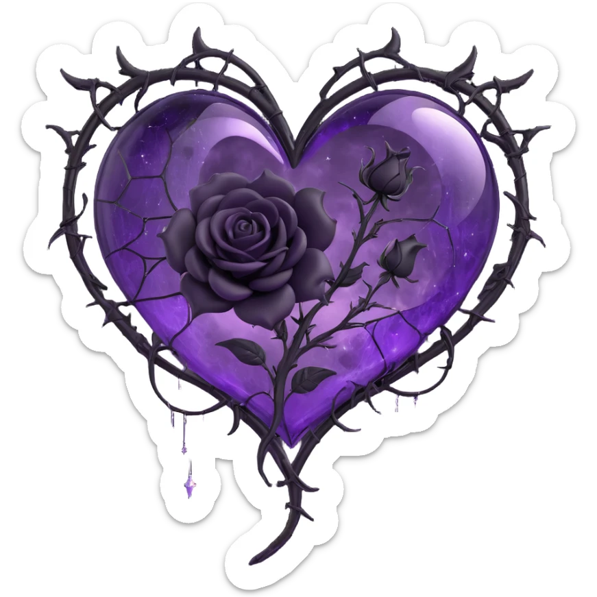 gothic heart made of purple glass with a crescent moon at the top, single large black rose, swirling stardust, branching lightning, misty rain, spiderweb cracked glass texture sticker