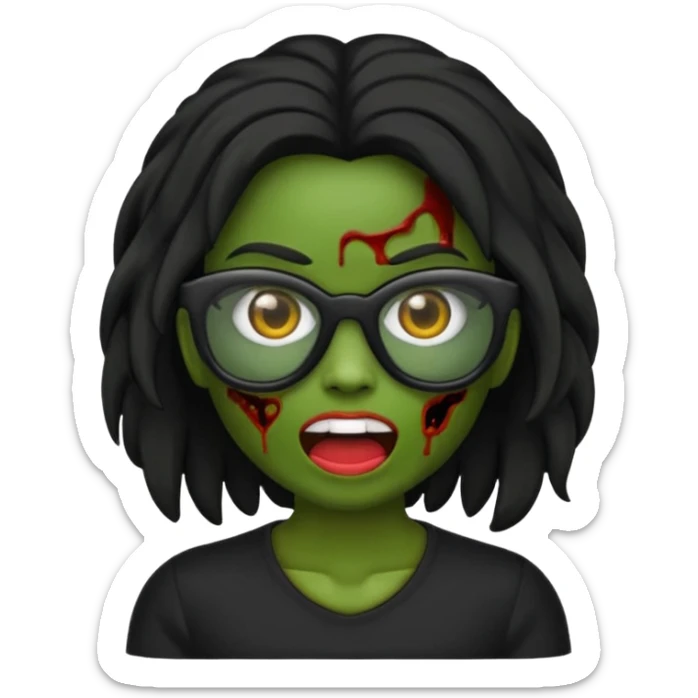 crie um emoji de zumbi feminino, com pele verde, óculos preto e cabelos pretos longos sticker