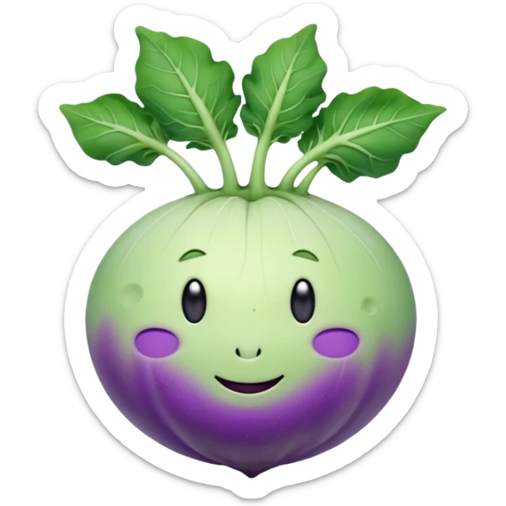 whole kohlrabi bulb, smooth pale green to purple skin, round, slightly flattened, short leafy stems on top, firm surface, faint lines and bumps, soft lighting, emoji scale sticker