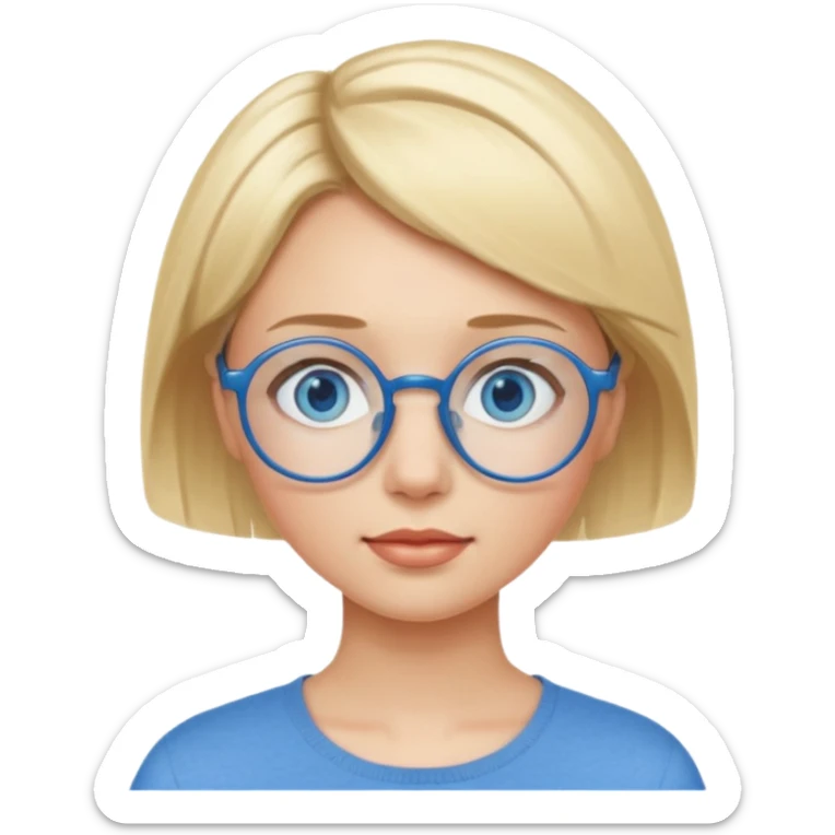 woman with short blonde haire, blue eyes and blue round glasses sticker
