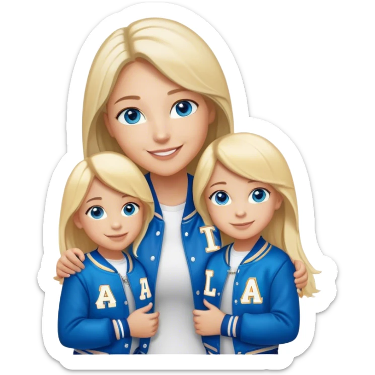 smiling mother in letterman jacket Blue eyes, Name is Tini, two Little girls Long blond straight hair and Blue eyes, Name Emilia, name Isabella sticker