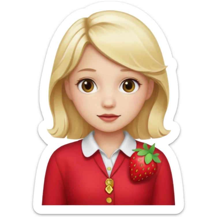 A girl with a blonde hair wearing a strawberry clip and wearing a cute red outfit sticker