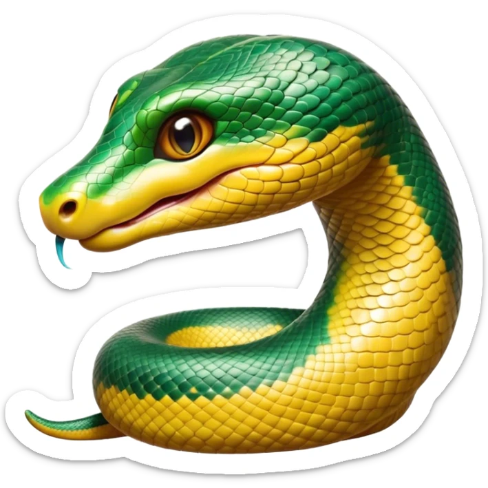 Cinematic Cute Anaconda Portrait Emoji, Head tilted playfully and inquisitively, with a sleek, shimmering body adorned with detailed scale patterns and round, sparkling eyes full of wonder, Simplified yet irresistibly adorable features, highly detailed, glowing with a warm, friendly jungle glow, high shine, affectionate and lively, stylized with a touch of whimsical reptilian charm, soft glowing outline, capturing the essence of a mischievous serpent that feels like it could slither out of the screen into your arms! sticker