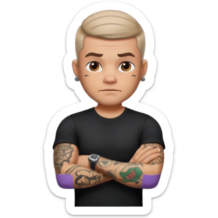 male memoji, man with tattoos, black t-shirt, tough look, arms crossed sticker