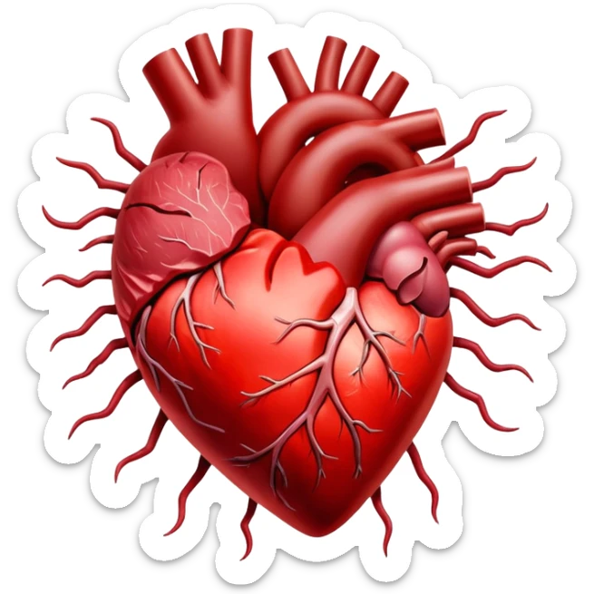 Glowing cuts of red meat and liver surrounding a bright red heart. Red blood cells float around the heart, with energy streams connecting the meat to the blood cells and heart, showing how iron-rich foods power circulation and vitality. sticker