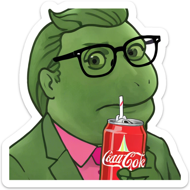 Donald trump with gay glasses a pink shirt and rainbow nails with weird huge eyebrows and a Diet Coke  sticker