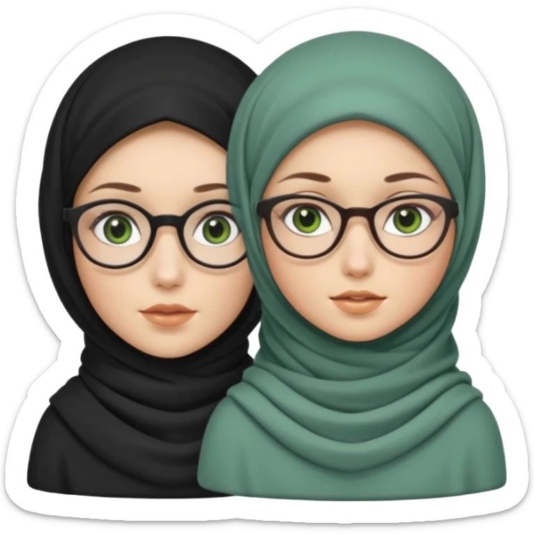 White hijabi girl with black eyes and black long hair white girl and black eyes wearing glasses and a white skin girl with curly honey hair and green eyes sticker